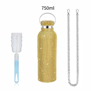 Bling rhinestone water bottle 750ml with chain strap and cleaning brush for outdoor sports