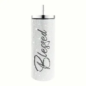 Rhinestone 20oz tumbler stainless steel vacuum insulated skinny cup with straw for travel