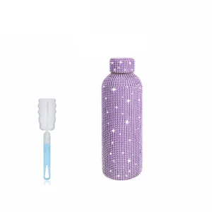 Bling rhinestone insulated water bottle with sponge brush stainless steel purple glitter cup