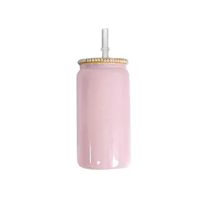 Bicchiere in Vetro Sfumato Rosa 16oz con Coperchio in Strass e Cannuccia per Uso Quotidiano