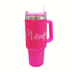 40oz bling rhinestone tumbler with handle and straw, pink stainless steel thermal cup for mom.