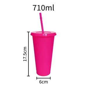 Large capacity 710ml pink plastic tumbler cup with straw and lid for outdoor daily use.