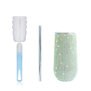 Bling rhinestone tumbler set with stainless steel straw and cleaning brush for daily drinks.