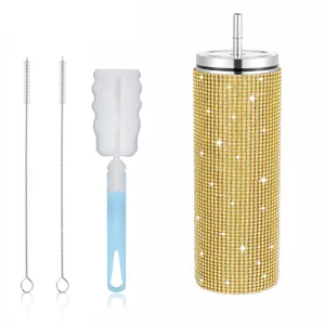 Glitzernder 20oz Edelstahl Isolierbecher mit Strohhalm und Reinigungsbürstenset.