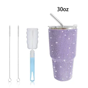 30oz bling rhinestone stainless steel tumbler cup with straw and cleaning brushes set
