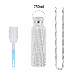 Bling rhinestone water bottle 750ml with chain strap and cleaning brush for outdoor.