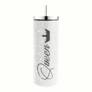 Detailed close-up view of the 20oz rhinestone insulated stainless steel tumbler with Queen crown.