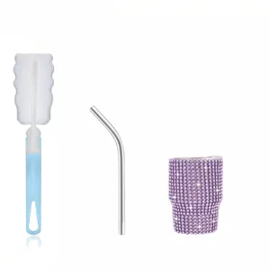 Mini rhinestone wine tumbler set with stainless steel straw and sponge cleaning brush portable.