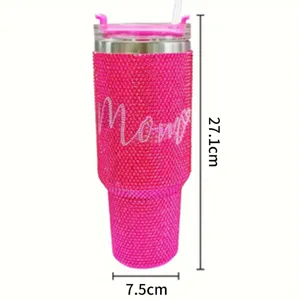 Pink rhinestone insulated tumbler 40oz with handle and straw, mom rhinestone cup gifts.