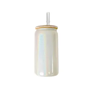 Bicchiere in vetro sfumato 16oz con coperchio in bambù strass e cannuccia per bevande