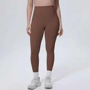 Detail view of high-waisted brown yoga leggings, soft stretch fabric for fitness sports.
