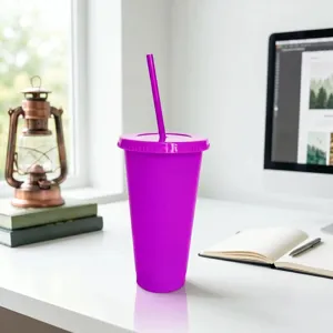 Colorful 24oz plastic tumbler with straw and lid, ideal for outdoor parties and drinks.