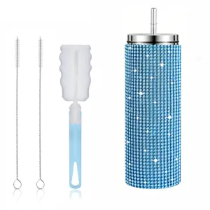 20oz Glitzer Strass Becher mit Strohhalm und Reinigungsbürsten aus Edelstahl Reisebecher Set Neu