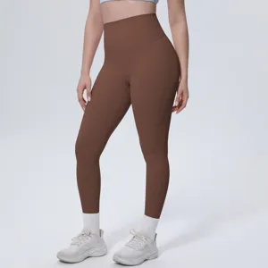 Women high waist brown yoga pants detailed view, breathable fitness activewear for running.