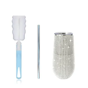 Stainless steel rhinestone wine tumbler set with metal straw and sponge brush for daily use.