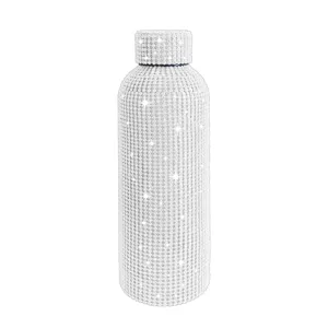 Detailed view of the sparkling 750ml rhinestone insulated stainless steel water bottle.