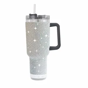 40oz rhinestone stainless steel insulated travel tumbler with straw and bluetooth speaker cup