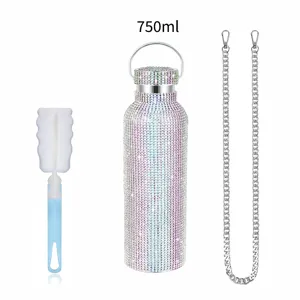 750ml Rhinestone Bling Water Bottle with Metal Chain and Brush for Outdoor Sports