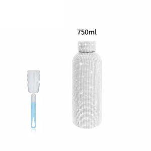 750ml rhinestone insulated water bottle with cleaning sponge brush stainless steel bling cup