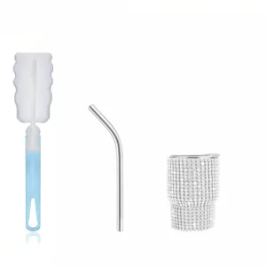 Rhinestone mini wine cup, stainless steel straw and cleaning brush set details view.