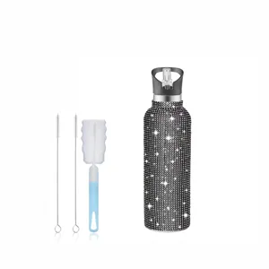 Schwarze Strass Edelstahl Vakuum isolierte Wasserflasche mit Strohhalm und Bürsten.