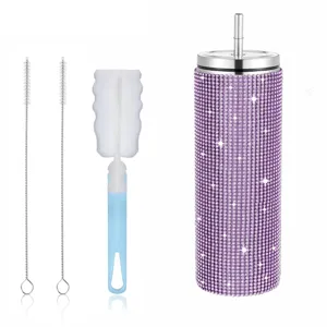 Glitzernder Strass 20oz Schlankbecher mit Strohhalm, Schwammbürste und Reinigungsbürsten.