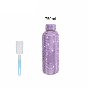 Bling rhinestone insulated water bottle 750ml stainless steel vacuum flask with brush