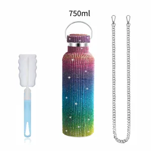 750ml Bling Rhinestone Water Bottle with Chain Strap and Cup Brush for Outdoor Sports Travel