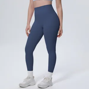 High waist solid navy blue women yoga leggings for fitness workout running gym sportswear detail.