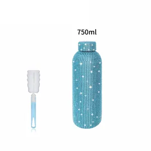 Bling rhinestone insulated water bottle 750ml stainless steel cup with sponge brush