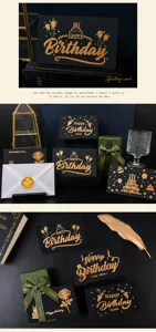 Ensemble de cartes de vœux d'anniversaire en feuille d'or noir avec enveloppes et boîte.