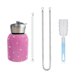 Bling rhinestone stainless steel insulated water bottle with pearl chain and cup brush.