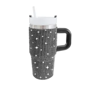 14oz Μονωμένη Κούπα με Στρας από Ανοξείδωτο Ατσάλι με Λαβή και Πρακτικό Καλαμάκι