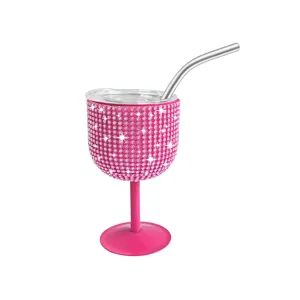 Rosa Strass Edelstahl Kelch Becher mit Deckel und Metallstrohhalm für den täglichen Gebrauch.
