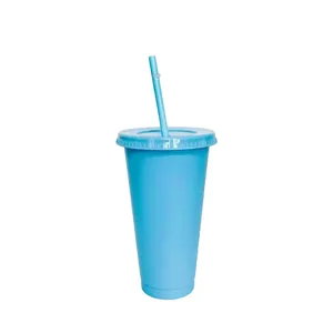 Blue plastic cold cup detail view, featuring reusable straw and matching lid design for drinks.