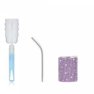Mini rhinestone stainless steel wine tumbler set with straw and cleaning sponge brush detail.