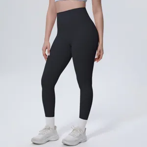 High waist black yoga pants for women, breathable fitness running workout sportswear detail.