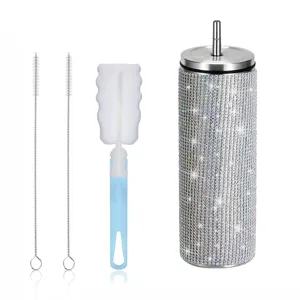 20oz Glitzer Strass Isoliert Becher mit Strohhalm und Reinigungsbürsten Edelstahl Tasse