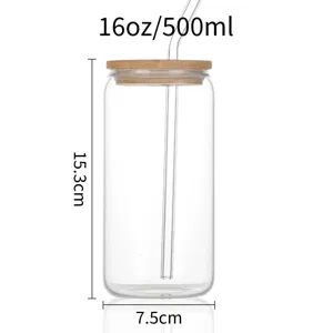 16oz clear glass can cup with wooden lid and glass straw, showing precise size dimensions.
