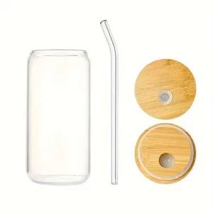 Clear 16oz glass can cup with straw and bamboo lid, heat-resistant glassware for cold drinks coffee.
