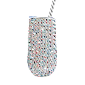 6oz Rhinestone Tumbler Bling Insulated Stainless Steel Egg Cup with Straw for Women