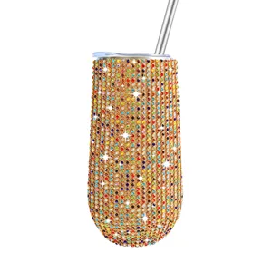 Detailed close-up view of the 6oz stainless steel rhinestone insulated cup with metal straw.