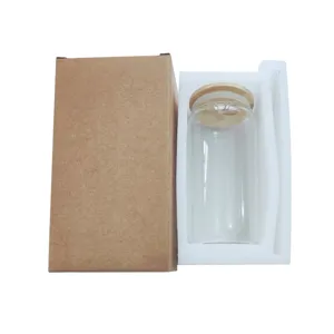 16oz clear glass cup with wooden lid and glass straw, perfect for iced coffee, milk tea, or water.