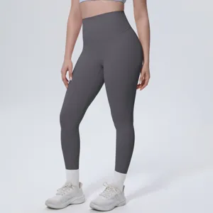 Detailed view of high-waisted solid color yoga leggings showing soft fabric and fit.