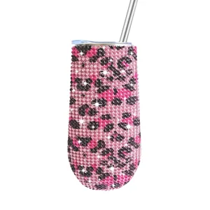 6oz Rhinestone U-Shaped Tumbler Stainless Steel Insulated Cup with Straw Pink