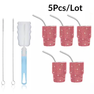 5Pcs Mini Rhinestone Stainless Steel Tumbler Cup Set with Straw and Cleaning Brushes