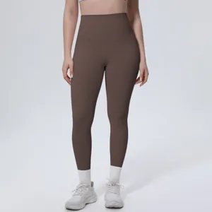 High-waisted coffee brown yoga leggings detail, skin-friendly stretchy fitness pants.