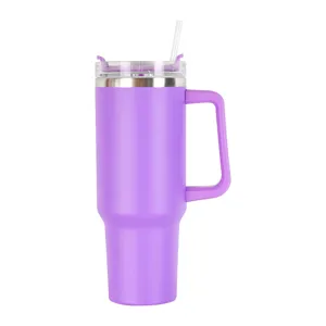 40oz edelstahl isolierbecher mit henkel und strohhalm, vakuum reisebecher in lila farbe.