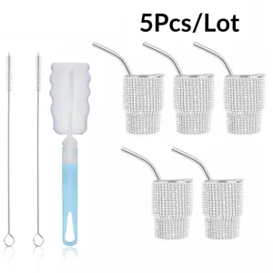 5Pcs/lot mini rhinestone stainless steel insulated tumblers with straws and cleaning brushes.