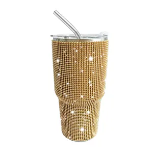 Bling rhinestone stainless steel tumbler 30oz vacuum insulated travel mug with straw